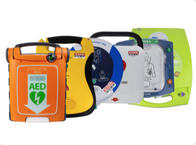 An assortment of AEDs, ZOLL Cardiac Science g5, Defibtech, Heartsine 360, Lifepak CR2, Philips Onsite, ZOLL AED Plus